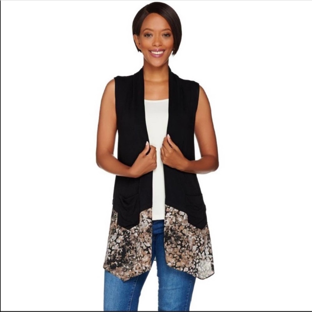 LOGO by Lori Goldstein Black Knit Open Vest Printed Trim M
